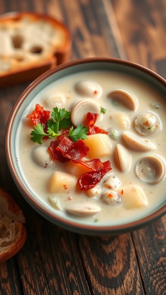 Creamy clam chowder in a bowl topped with bacon and parsley, served with a slice of bread.